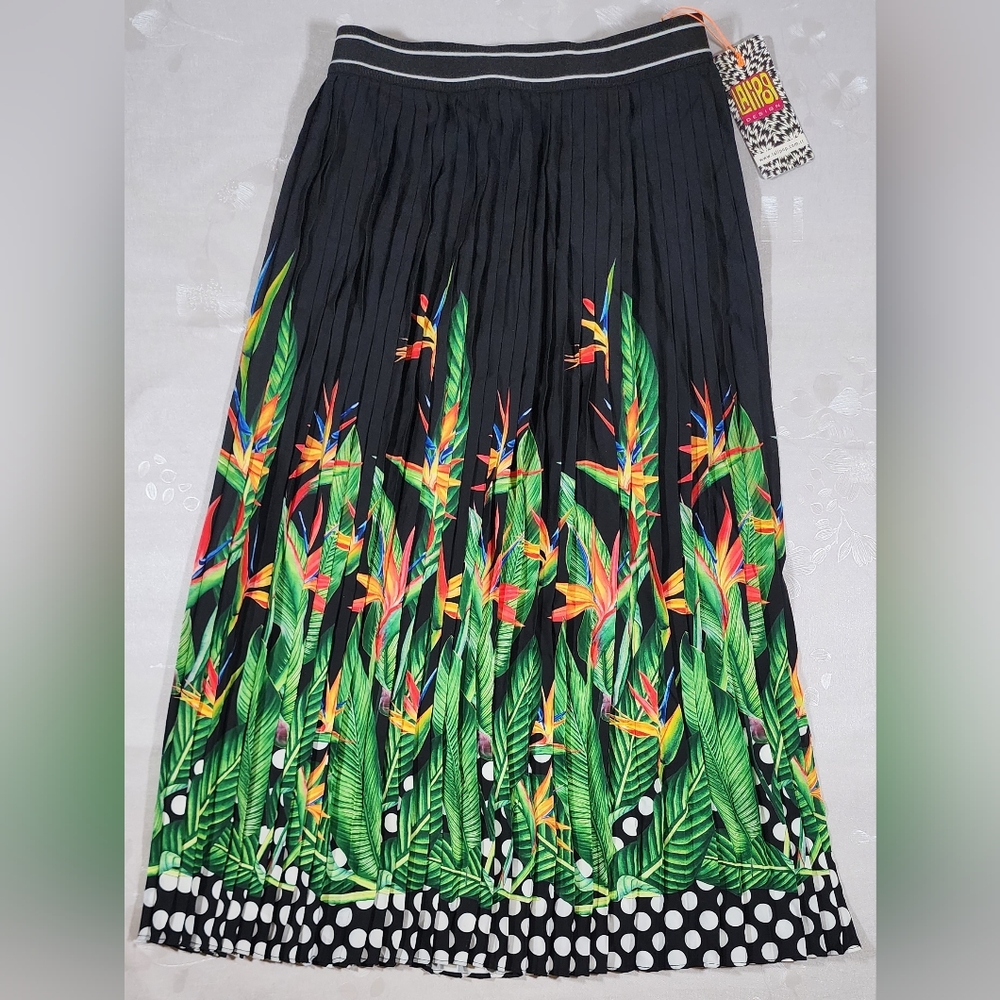 Lalipop Design Accordion Pleated Midi Skirt Women Sz S Black Floral Tropical